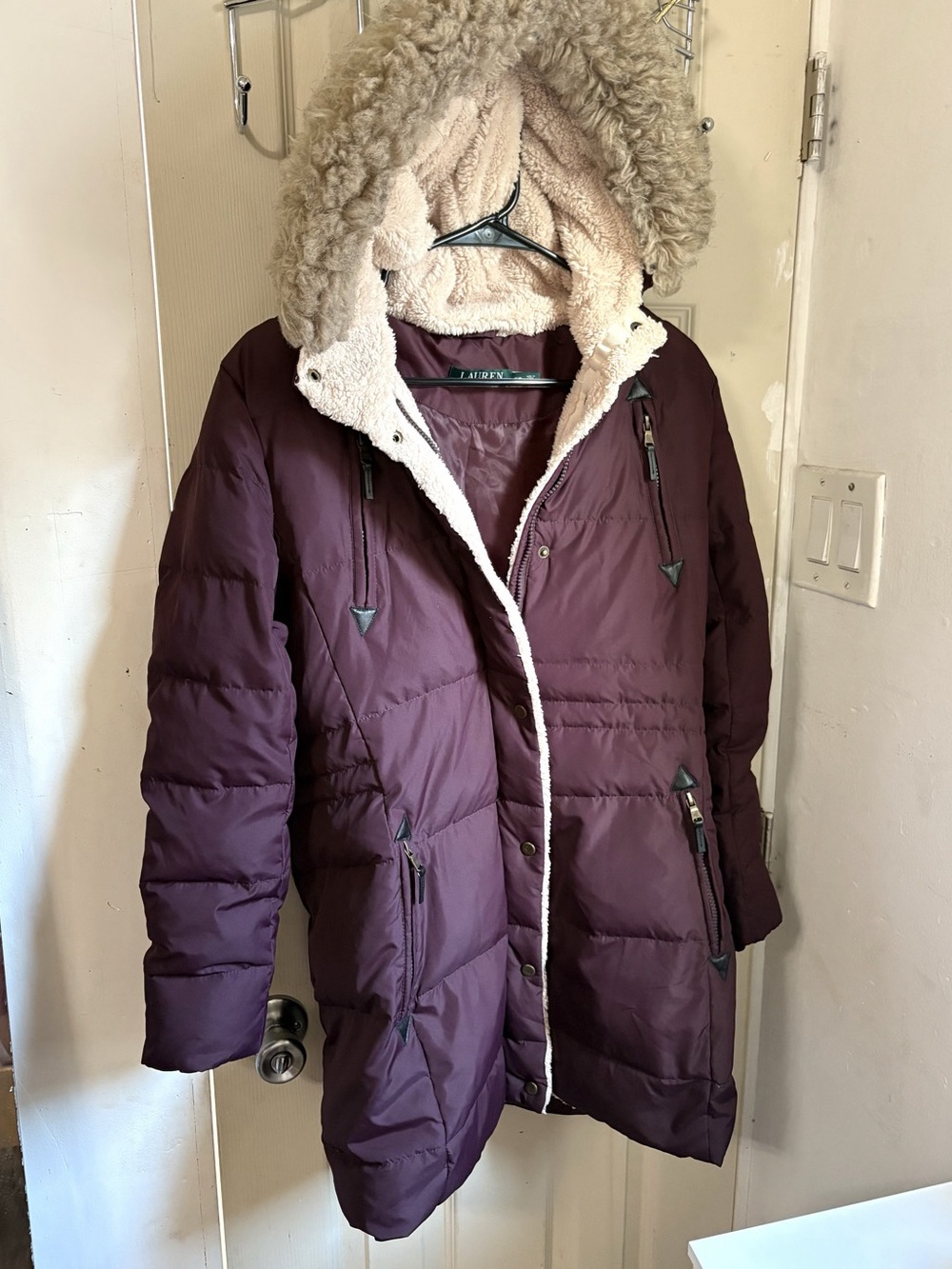 Lauren Ralph Lauren Faux-Fur-Trim Hooded Down Coat Purple Puffer Coat Size XS